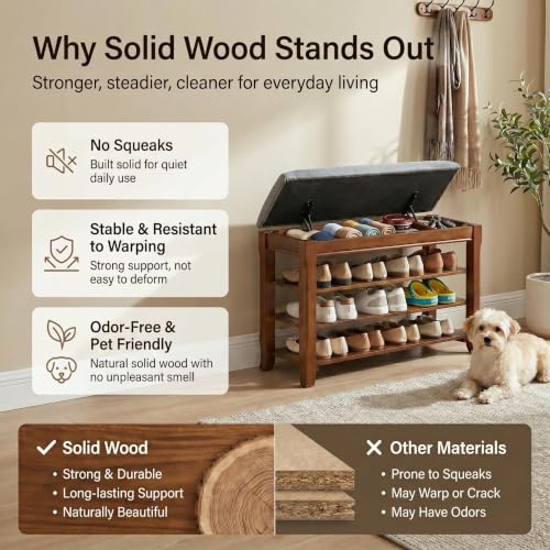 Solid Wood Shoe Rack Bench with Storage, Flip-Top Soft-Close Lid, 31.5” | 550 lbs Max Load, Adjustable Shelves, Cushioned Entryway Shoe Organizer for Closet, Hallway, Foyer - size: 31.5"