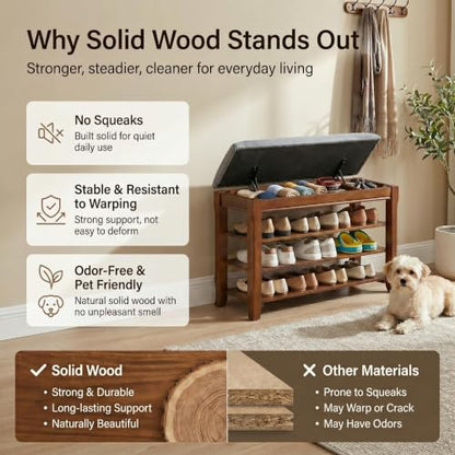 Solid Wood Shoe Rack Bench with Storage, Flip-Top Soft-Close Lid, 31.5” | 550 lbs Max Load, Adjustable Shelves, Cushioned Entryway Shoe Organizer for Closet, Hallway, Foyer - size: 31.5"