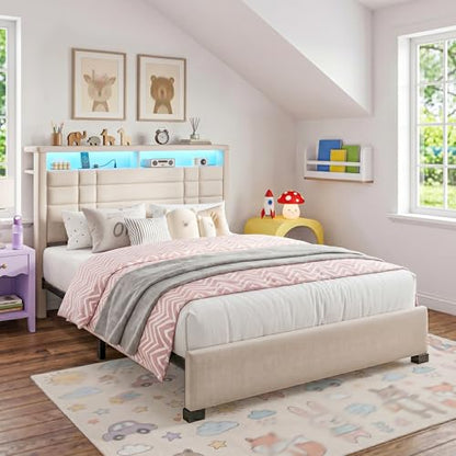 EnHomee Full Upholstered Bed Frame with Charge Station & LED Lights, Beige | 2-Tier Shelves Headboard, 12" Under-Bed Storage Space, Noise-Free, No Box Spring Needed, Easy Assembly - color: Beige, size: Full