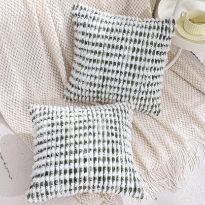 LUOYEHK Boho Throw Pillow Covers 16x16 Inch Set of 2 Chenille Tufted Pillowcase Farmhouse Neutral Cushion Covers for Couch Sofa Bed Living Room, Green White - color: Green White, size: 16" x 16" (Pack of 2)
