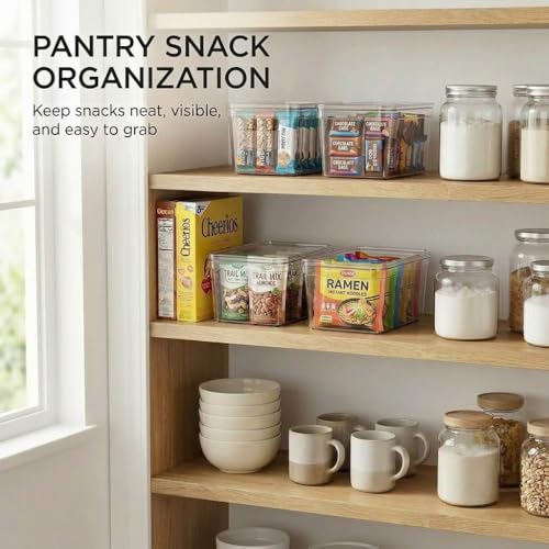 MOONEDGE 4-Pack 10x6x5 Stackable Small Clear Storage Bins with Lids | Plastic small item organizer containers with handles for vanity, craft, office, fridge, kitchen, pantry, bathroom and closet - size: 4 Pack