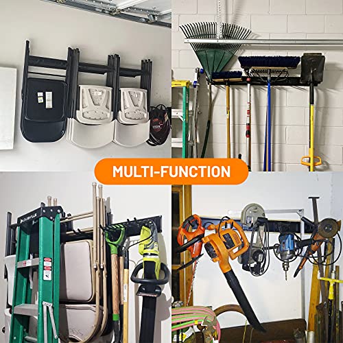 Wallmaster Garage Storage Organization Wall Mount, Garden Tool Rack Organizer Heavy Duty Folding Chair Hangers with 6 Adjustable Hooks 48inch Tracks Max Load 450lb - size: 6Hooks+3Panels