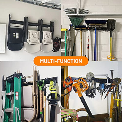 Wallmaster Garage Storage Organization Wall Mount, Garden Tool Rack Organizer Heavy Duty Folding Chair Hangers with 6 Adjustable Hooks 48inch Tracks Max Load 450lb - size: 6Hooks+3Panels