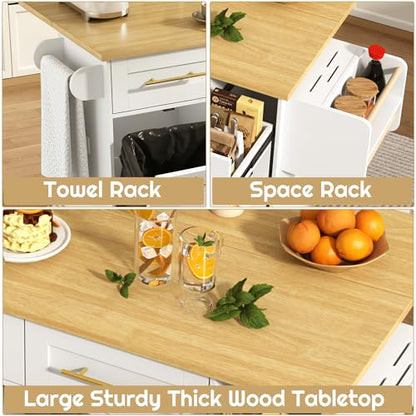 St.Mandyu 69" Large Kitchen Island on Wheels, Kitchen Rolling Island Cart with Trash Storage Cabinet, Power Outlet, 3-Tier Pull-Out Storage Trays, Drop Leaf, Mobile Island Table for Kitchen, White - color: White