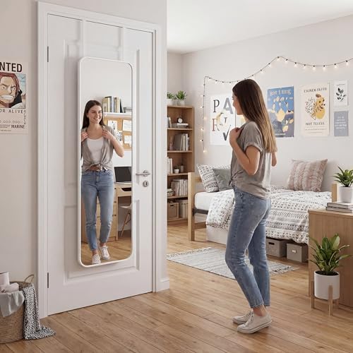 Thyle Over The Door Mirror 16x48'' Full Length Dorm White Mirror with Adjustable Hooks Wall Mounted for College School Classroom Affirmation Station Back Door Bedroom Entryway Long Body