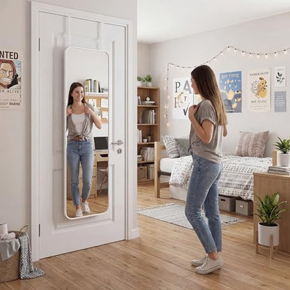 Thyle Over The Door Mirror 16x48'' Full Length Dorm White Mirror with Adjustable Hooks Wall Mounted for College School Classroom Affirmation Station Back Door Bedroom Entryway Long Body