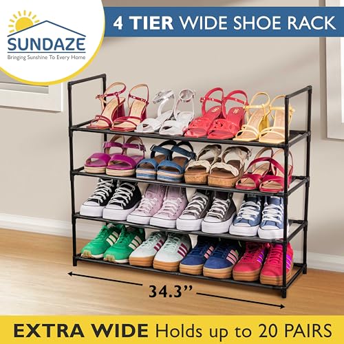 Sundaze Shoe Rack - 4 Tier Shoe Rack for Front Door Entrance, Sturdy Long Shoe Organizer for Closet, Bedroom, Entryway, Garage, Non Woven Fabric Shelf, Black, Holds Up to 20 Pairs - size: 4 Tier (34.3" W)