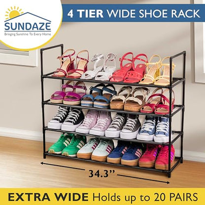 Sundaze Shoe Rack - 4 Tier Shoe Rack for Front Door Entrance, Sturdy Long Shoe Organizer for Closet, Bedroom, Entryway, Garage, Non Woven Fabric Shelf, Black, Holds Up to 20 Pairs - size: 4 Tier (34.3" W)