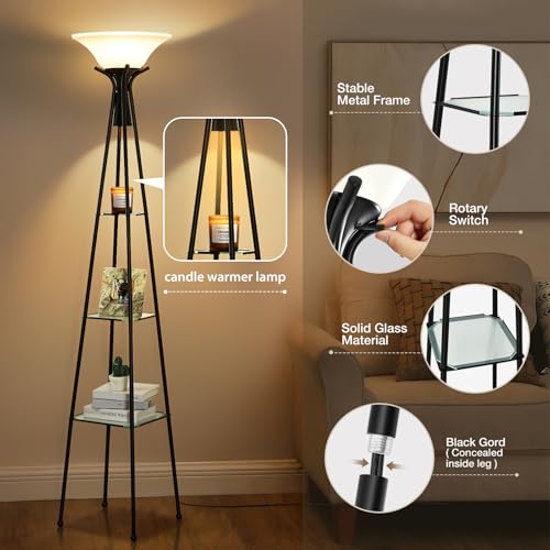 Luvkczc Torchiere Floor Lamp with Shelves, Black, 69" Tall | 3-Tier Glass Shelf, Plastic Shade, Adjustable Color Temperatures, Bulb Included - color: Black