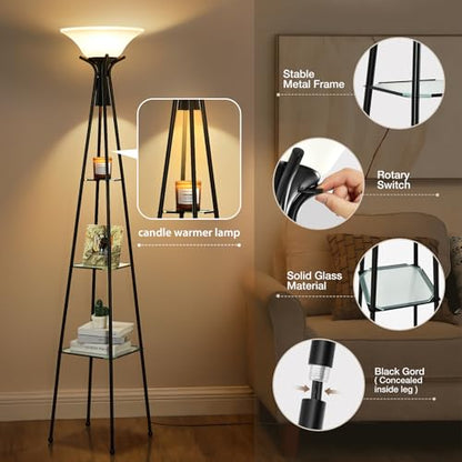 Luvkczc Torchiere Floor Lamp with Shelves, Black, 69" Tall | 3-Tier Glass Shelf, Plastic Shade, Adjustable Color Temperatures, Bulb Included - color: Black