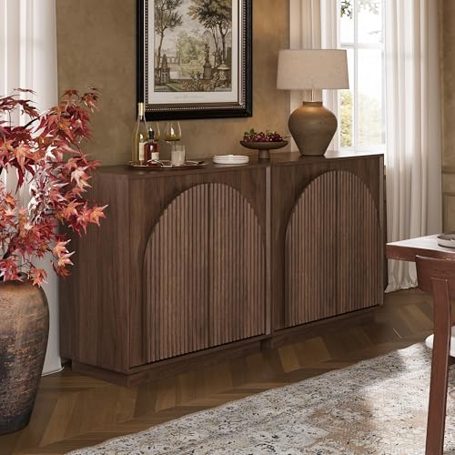 win2win 31.5" Small Buffet Cabinet with Storage, Arched Doors, Walnut, 1PCS | Modern Console Cabinet for Dining Living Room Kitchen Entryway, Modular Accent Cabinet, Credenza with Wood Grain, Fluted - color: Walnut