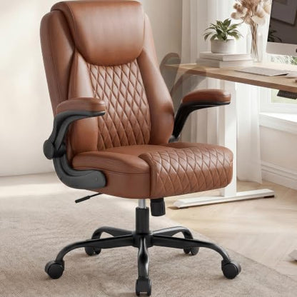 COMHOMA Mid-Back Office Chair, Ergonomic PU Desk Chair with Flip up Arms, Small Computer Gaming with Comfy Lumbar Support,Rocking Function,Sturdy Metal Base, Brown - color: Brown
