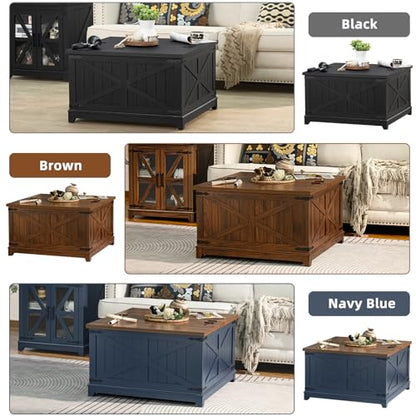 Joaxswe Farmhouse Coffee Table with Hidden Storage Organizer, Black Square Large Center Table, Wood Farm House Low Modern Living Room Tables with Hinged Lift Top for Home, Office - color: Black, style: With Legs