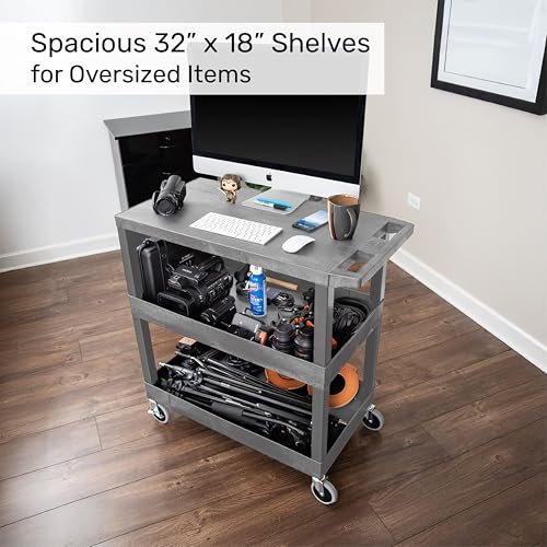 Tubstr 3-Tier Rolling Utility Cart with Wheels | Supports 300 lbs. Total | Heavy-Duty Capacity for Garage Storage, Office Spaces, & Kitchen Use | Durable Tool Cart with Locking Wheels (Gray, 32 x 18) - color: Gray