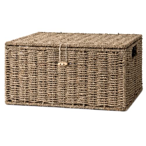 StorageWorks Wicker Basket with Lid, Baskets for Shelves, Seagrass | Woven Baskets with Lids for Shelves, Wicker Storage Baskets with Lids, Decorative Box, Lidded Baskets for Organizing, 1 Pack - color: Natural(Seagrass), size: 15"L × 11"W × 7"H