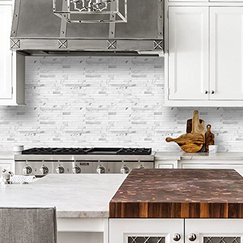 DICOFUN 10-Sheet Peel and Stick Backsplash Tile, Faux White Marble Look PVC Mixed Metal Stick on Backsplash Tiles for Kitchen and Bathroom, 9.4 sq.ft - color: White Marble and Metal Silver, size: 10 Sheets, 12’’x12’’x0.12’’