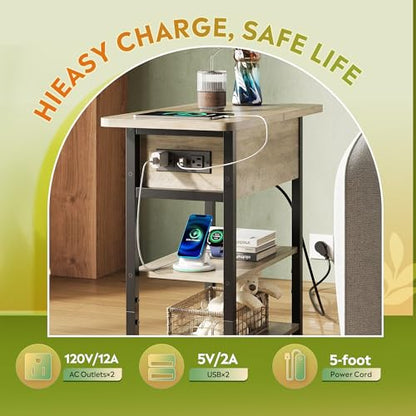 WLIVE 3-Tier End Table with Charging Station Flip Top Narrow Nightstand | 2 USB Ports+2 AC Outlets; Flip Top Hidden Storage; 2 Open Shelves; Small Space Living Room Bedroom; Sturdy Carbon Steel Frame - color: Greige