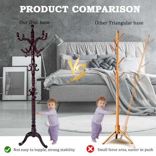 Coat Racks FreeStanding with 14 Hooks, Natural Wood Coat Rack with Solid Round Base, Adjustable Height Coat Racks, Easy Assembly for Hallway, Bedroom and Office (Reddish brown-Tri-Legged Base) - color: Reddish brown-Tri-Legged Base