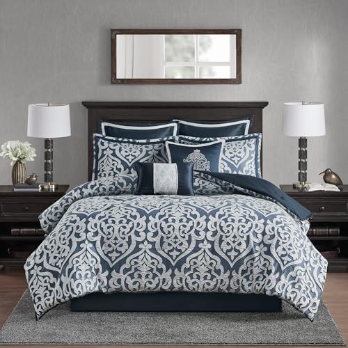 Madison Park Odette Cozy Comforter Set Jacquard Damask Medallion Design - Modern All Season, Down Alternative Bedding, Shams, Decorative Pillows, Queen(90 in x 90 in),Navy 8 Piece | All Season Down Alternative Bedding with Comforter, Shams, Bed Skirt, Dec