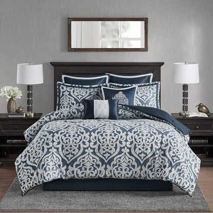 Madison Park Odette Cozy Comforter Set Jacquard Damask Medallion Design - Modern All Season, Down Alternative Bedding, Shams, Decorative Pillows, King(104 in x 92 in), Navy 8 Piece | All Season Down Alternative Bedding with Comforter, Shams, Bed Skirt, De