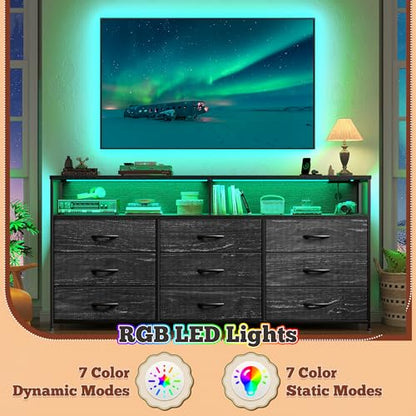 55" W Dresser for Bedroom with 9 Drawers LED, Power Outlets Fits 65" TV | TV Stand for 45, 55, 65 Inch TV Sturdy Long Chest of Drawers with Extra 2 Wooden Shelves Steel Frame Grain Black - color: Grain Black