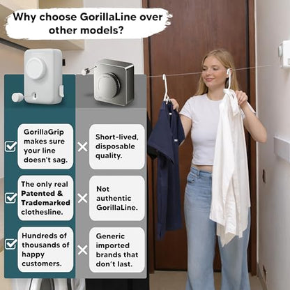 Max – Retractable Clothesline Indoor Outdoor, Non-Sagging Heavy Duty Clothes Drying Line, Wall Mounted Drying Rack, Air Dry Clothing, Max Tighten with GorillaGrip - style: Light Gray - Upgraded Model