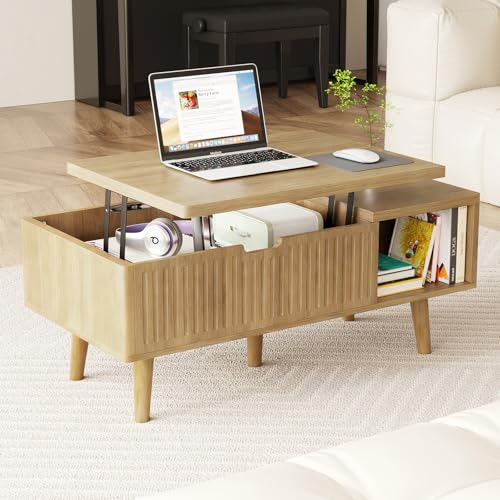 Coffee Table with Lifting Top,Wooden Fluted Coffee Table with Hidden Storage Space,2 Open Storage Compartments,Solid Wood Legs,Suitable for Living Room,Apartment,Office. (C-Lift Coffee Table-Oak) - color: C-lift Coffee Table-oak