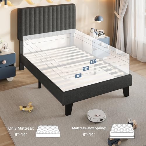 Einhomn Twin Size Bed Frame with Headboard, Upholstered Linen Platform Bedframe with Solid Wooden Slats, Noise-Free, No Box Spring Needed, Easy Assembly, Dark Grey - color: Dark Grey, size: Twin