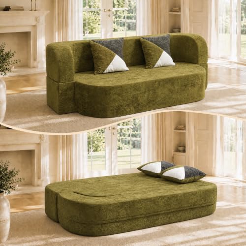 Convertible Folding Sofa Bed, 2-in-1 Floor Couch and Mattress,Modern Boneless Loveseat Sleeper in a Box for Small Spaces, No Assembly Foam Futon with 2 Pillows for Living Room (Olive Green, 43.31"W) - color: Olive Green, size: 43.31"W