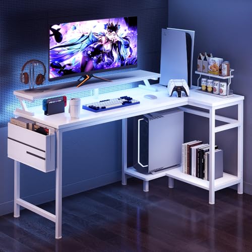 DUMOS 48 Inch L Shaped Computer Gaming Desk with Storage Shelves, White - color: White, size: 48-IN