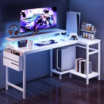 DUMOS 48 Inch L Shaped Computer Gaming Desk with Storage Shelves, White - color: White, size: 48-IN