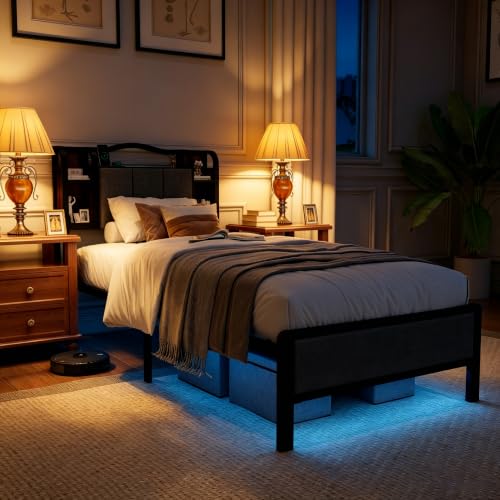 Twin Size Bed Frame with LED Lights & Charging Station | Upholstered Headboard & Footboard, No Box Spring Needed, Noise-Free Easy Assembly, Large Under Bed Storage - size: Twin