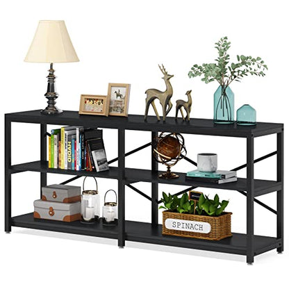 LITTLE TREE 70.9 Inch Long Console Sofa Table 3-Tier Industrial Sofa Table Behind Couch Table Hallway Entryway Table for Living Room, Black - color: Black