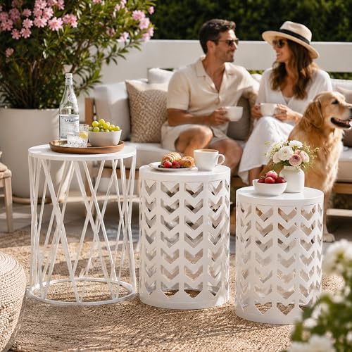 HFHOME Nesting Coffee Tables Set of 3, Industrial Metal Stacking Accent Side Tables Circle Table for Small Space, Living Room, Apartment, Bedroom Indoor - White - color: Classic White