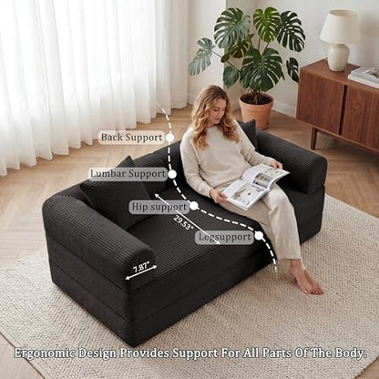 59" Boneless Couch,4-in-1 Futon Sofa Bed Modular Loveseat Sleeper Folding Compressed Couch with Pillows,No Assembly Required Convertible Sofa Bed for Living Room Bedroom Guest Room,Black - color: Black, size: 59.06" Loveseat Sofa