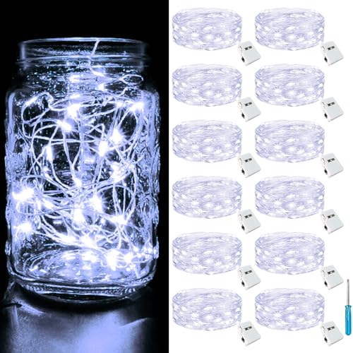 btfarm 12 Pack Fairy Lights Battery Operated Twinkle Lights with 3 Modes | 7Ft 20 Led String Light, Waterproof Bulk Small Mini Silver Wire for Christmas Mason Jars Wedding Table Centerpiece,Cool White - color: Cool White, size: 12 Pack