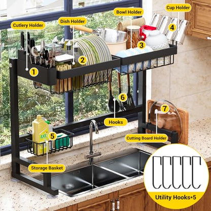 ilvvan Over Sink Dish Drying Rack (Expandable Height/Length) Snap-On Design Large Dish Drainer Storage Counter Organizer 24" - 35.5"(L) x 12"(W) x 19" - 22"(H) - size: 24" - 35.5"(L) x 12"(W) x 19" - 22"(H)
