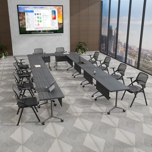 Folding Conference Table with Wheels, Flip Top Folding Conference Room Table for 2-12 Person, Mobile Training & Meeting Room Table, Modular Nesting Office Boardroom Desk with Lockable Casters - color: Ebony, size: 71in