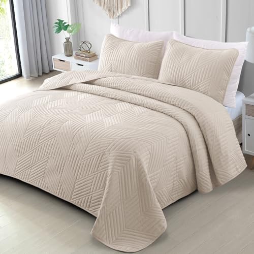 Exclusivo Mezcla Ultrasonic Twin Quilt Bedding Set, Brich Beige | Lightweight Bedspreads, Soft Microfiber, Modern Geometric Coverlet, All Season Bed Cover, 1 Quilt and 1 Pillow Sham - color: Brich Beige, size: Twin (68"x88")
