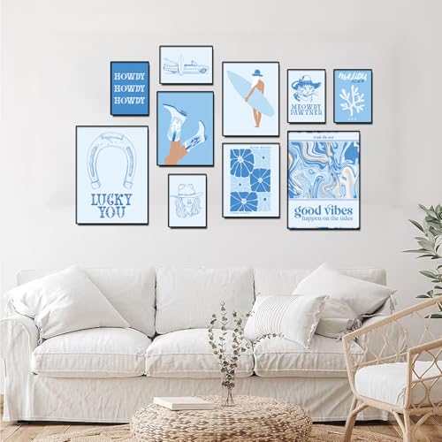Uniro Coastal Cowgirl Room Decor, Coastal Granddaughter Room Decor, Light Blue Beachy Wall Decor Aesthetic Poster Pictures, Trendy Beach Wall Art Prints Preppy Surf Posters for Teen Girls, Dorm Bedroom Apartment decor- UNFRAMED - color: Coastal Cowgirl