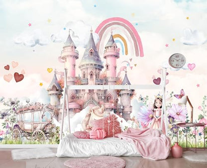 XMPMBM-Peel and Stick Princess Wallpaper Pink Cartoon Castle wall Mural | Thick and tear-resistant,Will not be damaged during repositioning,girly princess girls room wallpaper.S-80"X58" - color: M04, size: 80"x58"