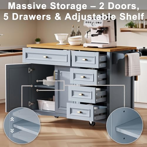 52" Kitchen Island with Storage, Wheels & Drop Leaf, Adjustable Shelf | Oak Top, White Retro Kitchen Cart on Casters, 2 Cabinets, 5 Drawers, Spice Rack, Towel Bar, Durable, Easy Assembly - color: Dusty Blue