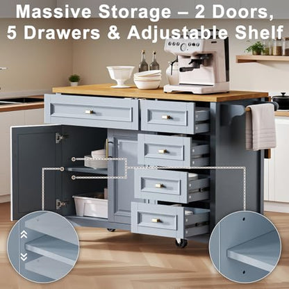 52" Kitchen Island with Storage, Wheels & Drop Leaf, Adjustable Shelf | Oak Top, White Retro Kitchen Cart on Casters, 2 Cabinets, 5 Drawers, Spice Rack, Towel Bar, Durable, Easy Assembly - color: Dusty Blue