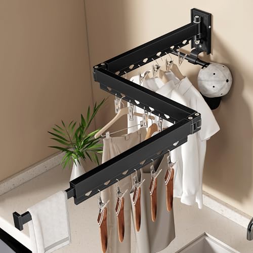 Wall Mounted Collapsible Clothes Drying Rack, Durable Space-Saving Laundry Drying Rack Clothing Hanger, Upgraded with Clips and Windproof Holes - style: Upgrde-Black Rings with Clips