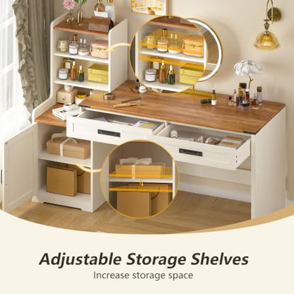 60" Computer Desk with Drawers & Bookshelves for Bedroom, Home Office | White Computer Desk with Bookcase & Drawers, Vanity Desk Writing Study Table with Storage, Antique White - color: Antique White