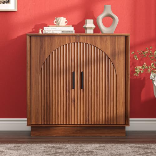 Buffet Cabinet with Storage, 31.5" W Fluted Sideboard Buffet Cabinet with Adjustable Shelves, Single-Box Modern Wood Credenza Accent Storage Cabinet for Dining Room Living Room Hallway, Walnut - color: Walnut, size: 31.5'' WIDE