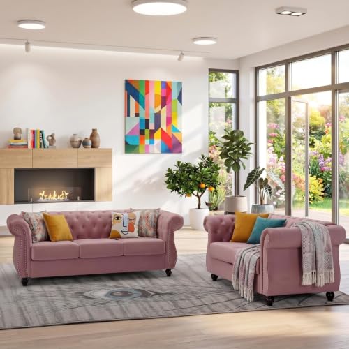 GDFStudio 82.6" Chesterfield Sofa Set, Modern Velvet Upholstered Sofa Set, Comfy 3 Seat Couch with Loveseat for Living Room Apartment, Button Tufted Rolled Arms Solid Wood Legs Spring Cushion, Black - color: Rose, size: 3+2 Seat