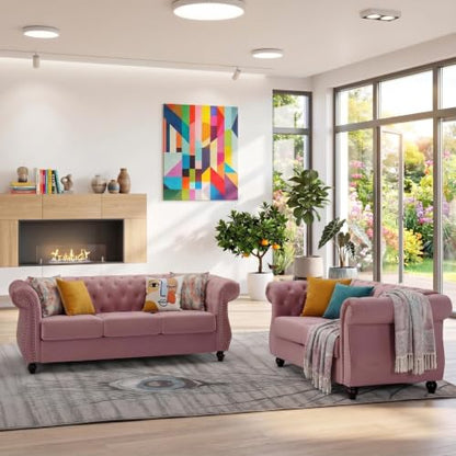 GDFStudio 82.6" Chesterfield Sofa Set, Modern Velvet Upholstered Sofa Set, Comfy 3 Seat Couch with Loveseat for Living Room Apartment, Button Tufted Rolled Arms Solid Wood Legs Spring Cushion, Black - color: Rose, size: 3+2 Seat