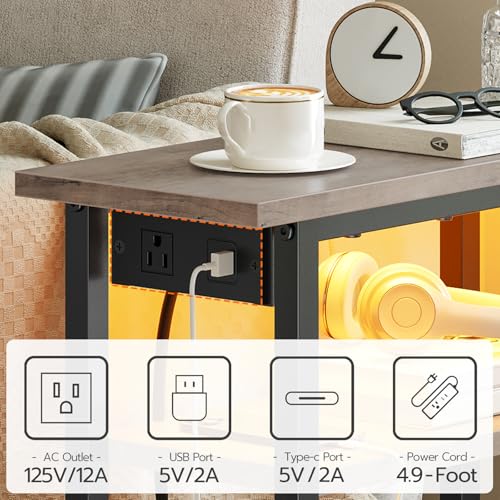 HOOBRO Narrow Side Table with Charging Station and LED Light, Small End Table with Storage, Skinny Nightstand with USB Port, Slim Bedside Table for Small Spaces, Living Room, Greige BG242UDBZ01 - color: Greige + Black