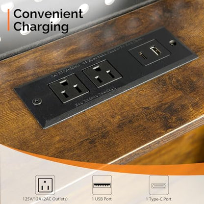 VINGLI Floating Bed Frame Twin Bed with Charging Station and LED Lights,Twin Metal Bed Frame,Cozy Hidden Storage Velvet Upholstered Headboard,No Box Spring Needed,Easy Assembly,Black - color: Industrial Brown, size: Twin